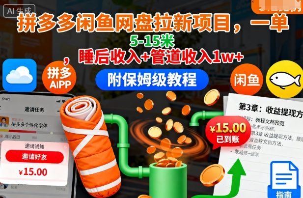 拼多多闲鱼网盘拉新项目,一单5-15米,睡后收入+管道收入1w+(附保姆级教程)创客联盟总站-闲云创业网-老谢轻创网-中创网-福缘网-冒泡网-资源之家-魔方项目库创客联盟总站