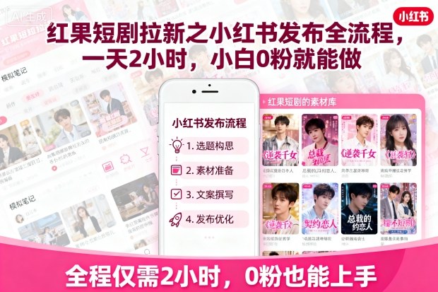 红果短剧拉新之小红书发布全流程,一天2小时,小白0粉就能做创客联盟总站-闲云创业网-老谢轻创网-中创网-福缘网-冒泡网-资源之家-魔方项目库创客联盟总站