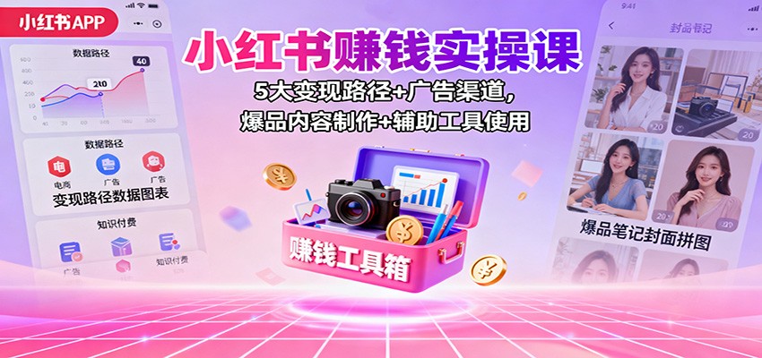 小红书赚钱实操课：5大变现路径+广告渠道，爆品内容制作+辅助工具使用创客联盟总站-闲云创业网-老谢轻创网-中创网-福缘网-冒泡网-资源之家-魔方项目库创客联盟总站