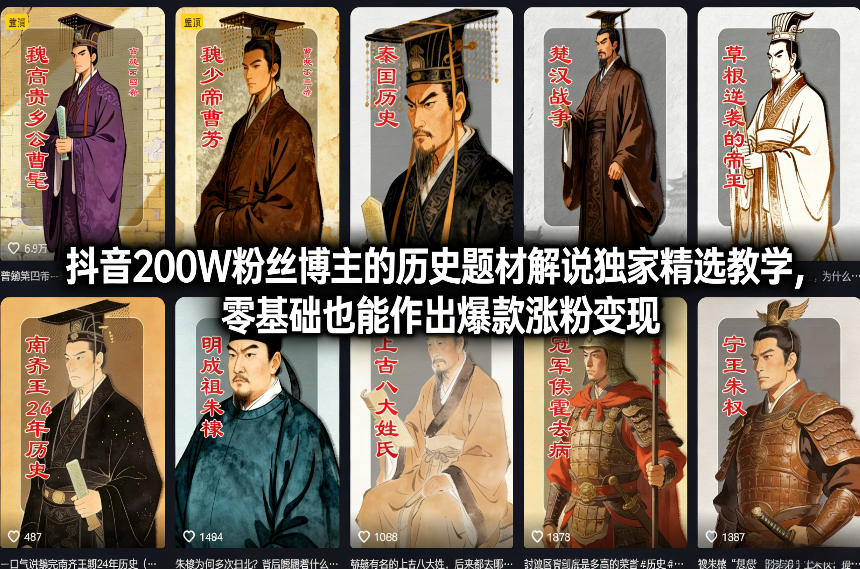 抖音200W粉丝博主的历史题材解说独家精选教学，零基础也能作出爆款涨粉变现创客联盟总站-闲云创业网-老谢轻创网-中创网-福缘网-冒泡网-资源之家-魔方项目库创客联盟总站