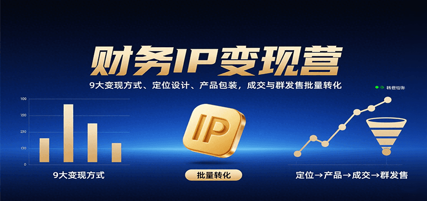 财务IP变现营:9大变现方式、定位设计、产品包装,成交与群发售批量转化创客联盟总站-闲云创业网-老谢轻创网-中创网-福缘网-冒泡网-资源之家-魔方项目库创客联盟总站