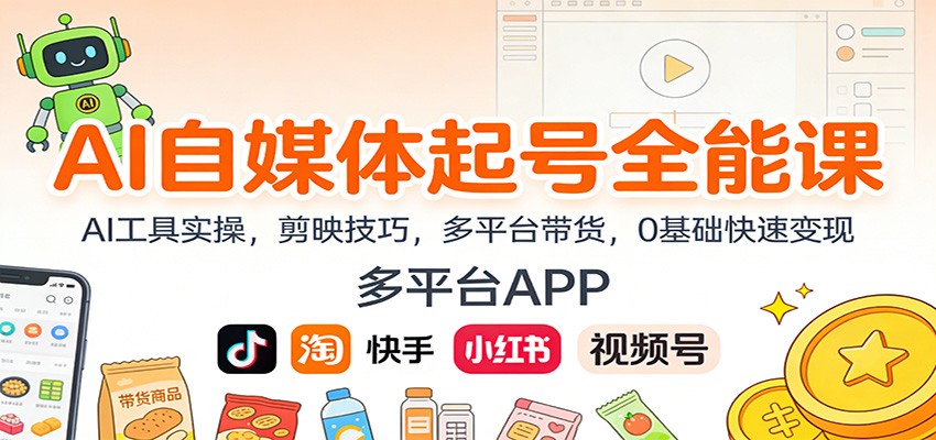AI自媒体起号全能课:AI工具实操,剪映技巧,多平台带货,0基础快速变现创客联盟总站-闲云创业网-老谢轻创网-中创网-福缘网-冒泡网-资源之家-魔方项目库创客联盟总站