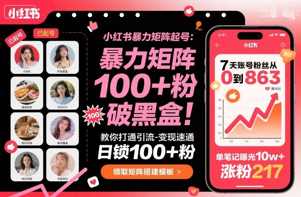 小红书暴力矩阵起号，教你打通引流-变现速通，日锁100+粉，破流量黑盒创客联盟总站-闲云创业网-老谢轻创网-中创网-福缘网-冒泡网-资源之家-魔方项目库创客联盟总站