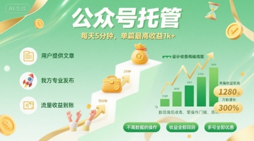 【公众号托管 】我提供文章，你发布，每天5分钟，单篇最高收益1k+【揭秘】创客联盟总站-闲云创业网-老谢轻创网-中创网-福缘网-冒泡网-资源之家-魔方项目库创客联盟总站