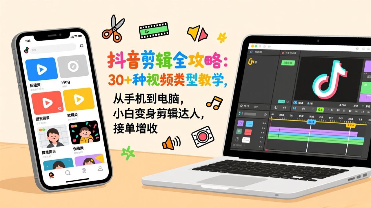 抖音剪辑全攻略：30+种视频类型教学，从手机到电脑，小白变身剪辑达人，接单增收创客联盟总站-闲云创业网-老谢轻创网-中创网-福缘网-冒泡网-资源之家-魔方项目库创客联盟总站