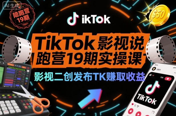TikTok影视解说陪跑营19期实操课，影视二创发布TK賺取收益，万播收益50美金(更新)创客联盟总站-闲云创业网-老谢轻创网-中创网-福缘网-冒泡网-资源之家-魔方项目库创客联盟总站