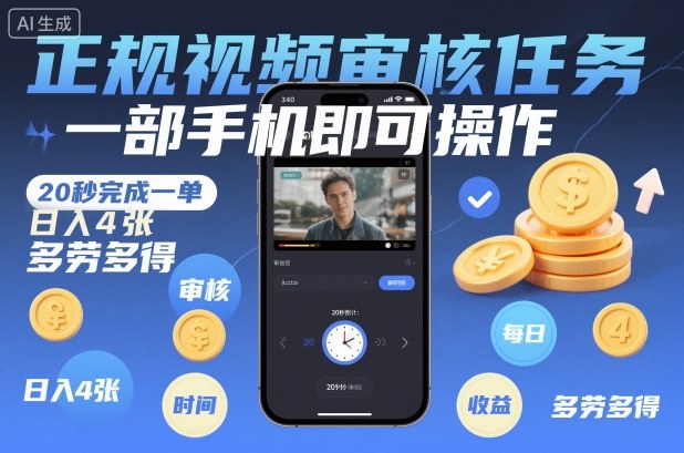 正规视频审核任务，一部手机即可操作，20秒完成一单，日入4张，多劳多得【揭秘】创客联盟总站-闲云创业网-老谢轻创网-中创网-福缘网-冒泡网-资源之家-魔方项目库创客联盟总站