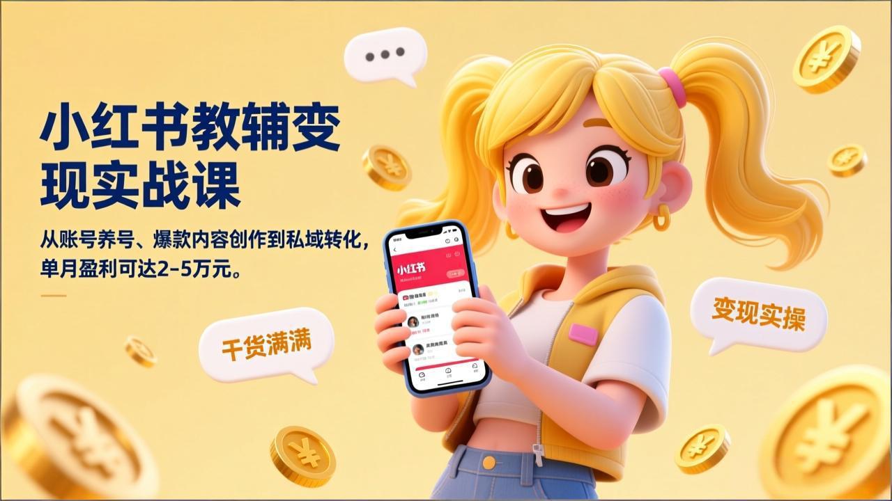 小红书教辅变现实战课，从账号养号、爆款内容创作到私域转化，单月盈利可达2-5万元创客联盟总站-闲云创业网-老谢轻创网-中创网-福缘网-冒泡网-资源之家-魔方项目库创客联盟总站