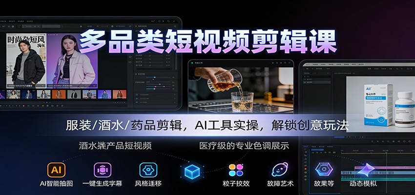 多品类短视频剪辑课：服装/酒水/药品剪辑，AI工具实操，解锁创意玩法创客联盟总站-闲云创业网-老谢轻创网-中创网-福缘网-冒泡网-资源之家-魔方项目库创客联盟总站