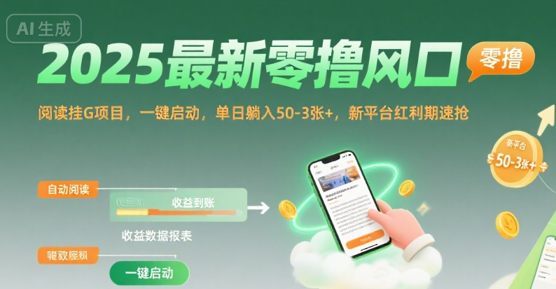 2025最新零撸风口，阅读挂G项目，一键启动，单日躺入 50-3张+，新平台红利期速抢【揭秘】创客联盟总站-闲云创业网-老谢轻创网-中创网-福缘网-冒泡网-资源之家-魔方项目库创客联盟总站