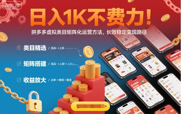 日入1K不费力！拼多多虚拟类目矩阵化运营方法，长效稳定变现路径创客联盟总站-闲云创业网-老谢轻创网-中创网-福缘网-冒泡网-资源之家-魔方项目库创客联盟总站