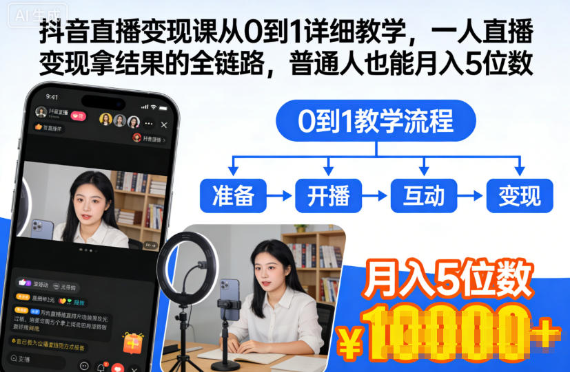 抖音直播变现课从0到1详细教学，一人直播变现拿结果的全链路，普通人也能月入5位数创客联盟总站-闲云创业网-老谢轻创网-中创网-福缘网-冒泡网-资源之家-魔方项目库创客联盟总站