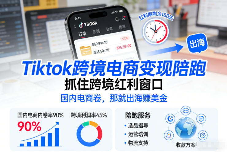 Tiktok跨境电商变现陪跑，抓住跨境红利窗口，国内电商卷，那就出海賺美金创客联盟总站-闲云创业网-老谢轻创网-中创网-福缘网-冒泡网-资源之家-魔方项目库创客联盟总站