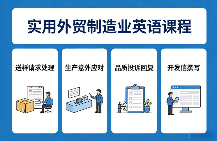 实用外贸制造业英语课程,教你专业处理送样请求、应对生产意外、回复品质投诉、撰写开发信等创客联盟总站-闲云创业网-老谢轻创网-中创网-福缘网-冒泡网-资源之家-魔方项目库创客联盟总站