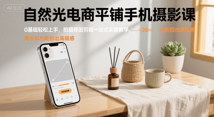 自然光电商平铺手机摄影课，0基础轻松上手，拍摄修图剪辑一站式实操教学，用手机也能拍出高级感创客联盟总站-闲云创业网-老谢轻创网-中创网-福缘网-冒泡网-资源之家-魔方项目库创客联盟总站