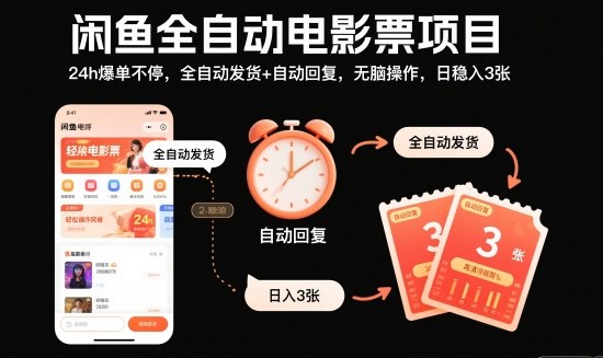 闲鱼全自动电影票项目，24h爆单不停，全自动发货+自动回复，无脑操作，日稳入3张【揭秘】创客联盟总站-闲云创业网-老谢轻创网-中创网-福缘网-冒泡网-资源之家-魔方项目库创客联盟总站