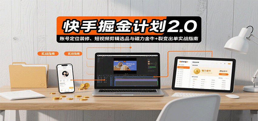 快手掘金计划2.0，账号定位装修、短视频剪辑选品与磁力金牛+裂变出单实战指南创客联盟总站-闲云创业网-老谢轻创网-中创网-福缘网-冒泡网-资源之家-魔方项目库创客联盟总站