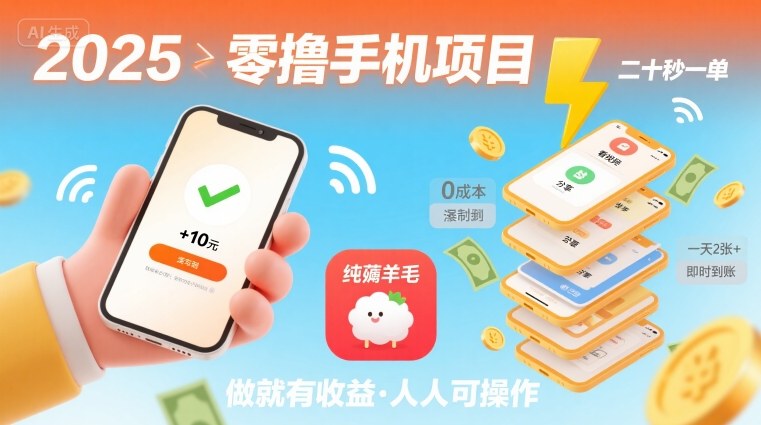2025年零撸手机项目，二十秒一单，纯薅羊毛 一天2张+做就有创客联盟总站-闲云创业网-老谢轻创网-中创网-福缘网-冒泡网-资源之家-魔方项目库创客联盟总站