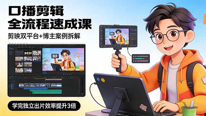口播剪辑全流程速成课，剪映双平台+博主案例拆解，学完独立出片效率提升3倍创客联盟总站-闲云创业网-老谢轻创网-中创网-福缘网-冒泡网-资源之家-魔方项目库创客联盟总站