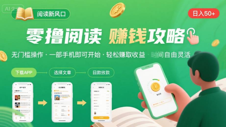 零撸阅读新风口，无门槛轻松挣，一部手机，日入 50-3张【揭秘】创客联盟总站-闲云创业网-老谢轻创网-中创网-福缘网-冒泡网-资源之家-魔方项目库创客联盟总站