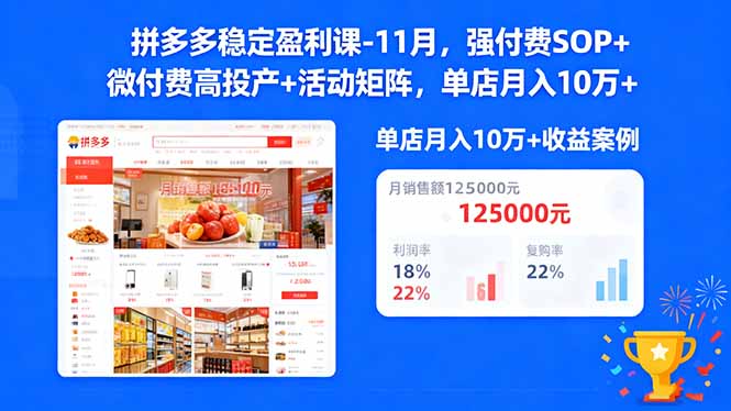 拼多多稳定盈利课-11月,强付费SOP+微付费高投产+活动矩阵,单店月入10万+创客联盟总站-闲云创业网-老谢轻创网-中创网-福缘网-冒泡网-资源之家-魔方项目库创客联盟总站