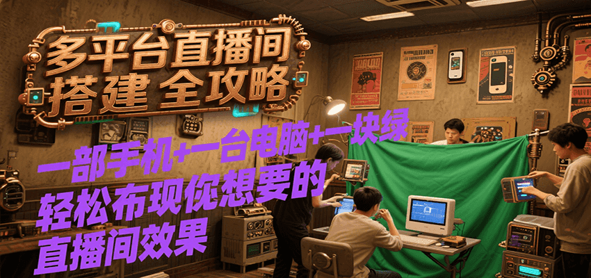 多平台直播间搭建全攻略，一部手机+一台电脑+一块绿布轻松实现你想要的直播间效果创客联盟总站-闲云创业网-老谢轻创网-中创网-福缘网-冒泡网-资源之家-魔方项目库创客联盟总站