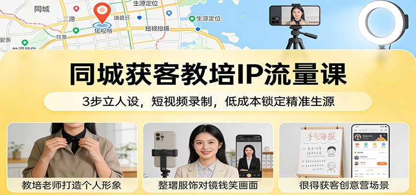 同城获客教培IP流量课：3步立人设，短视频录制，低成本锁定精准生源创客联盟总站-闲云创业网-老谢轻创网-中创网-福缘网-冒泡网-资源之家-魔方项目库创客联盟总站