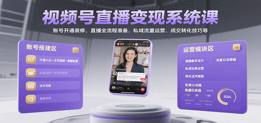 视频号直播变现系统课，账号开通装修、直播全流程准备、私域流量运营、成交转化技巧等创客联盟总站-闲云创业网-老谢轻创网-中创网-福缘网-冒泡网-资源之家-魔方项目库创客联盟总站