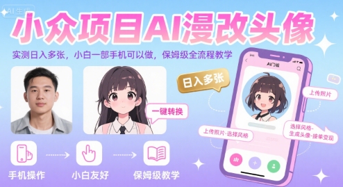 小众项目AI漫改头像，实测日入多张，小白一部手机可以做，保姆级全流程教学创客联盟总站-闲云创业网-老谢轻创网-中创网-福缘网-冒泡网-资源之家-魔方项目库创客联盟总站