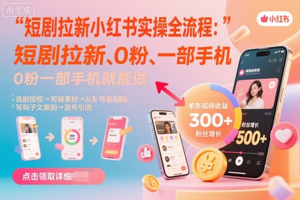 短剧拉新小红书实操全流程，0粉一部手机就可以做，详细教程创客联盟总站-闲云创业网-老谢轻创网-中创网-福缘网-冒泡网-资源之家-魔方项目库创客联盟总站