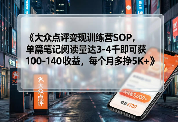 大众点评变现训练营SOP，单篇笔记阅读量达3-4千即可获100-140收益，每个月多挣5K+创客联盟总站-闲云创业网-老谢轻创网-中创网-福缘网-冒泡网-资源之家-魔方项目库创客联盟总站