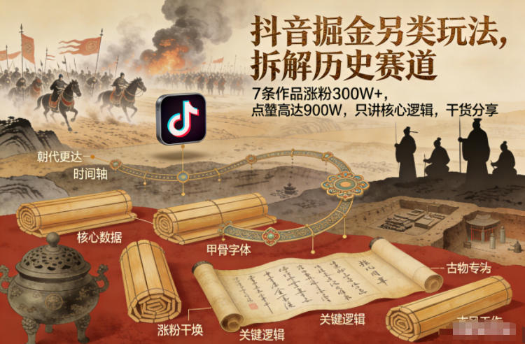 抖音掘金另类玩法，拆解历史赛道，7条作品涨粉300W+，点赞量高达900W，只讲核心逻辑，干货分享创客联盟总站-闲云创业网-老谢轻创网-中创网-福缘网-冒泡网-资源之家-魔方项目库创客联盟总站