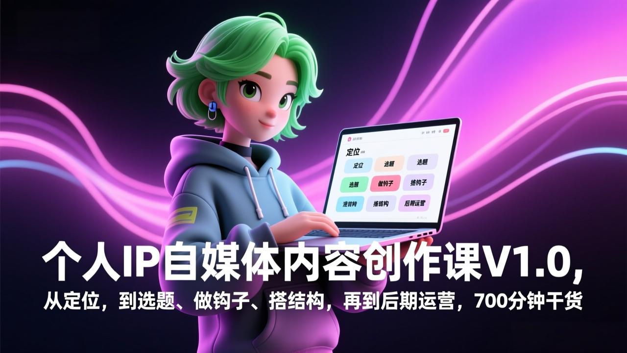 个人IP自媒体内容创作课V1.0，从定位，到选题、做钩子、搭结构，再到后期运营，700分钟干货创客联盟总站-闲云创业网-老谢轻创网-中创网-福缘网-冒泡网-资源之家-魔方项目库创客联盟总站