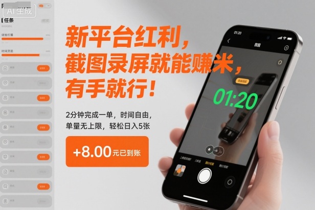 新平台红利，截图录屏就能賺米，有手就行！2分钟完成一单，时间自由，单量无上限，轻松日入5张【揭秘】创客联盟总站-闲云创业网-老谢轻创网-中创网-福缘网-冒泡网-资源之家-魔方项目库创客联盟总站