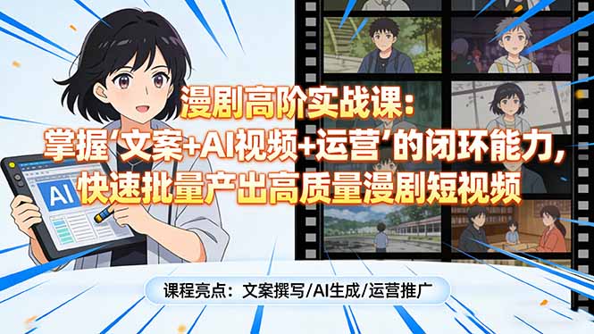 漫剧高阶实战课：掌握“文案+AI视频+运营”的闭环能力，快速批量产出高质量漫剧短视频创客联盟总站-闲云创业网-老谢轻创网-中创网-福缘网-冒泡网-资源之家-魔方项目库创客联盟总站