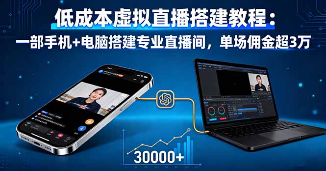 低成本虚拟直播搭建教程:一部手机+电脑搭建专业直播间,单场佣金超3万创客联盟总站-闲云创业网-老谢轻创网-中创网-福缘网-冒泡网-资源之家-魔方项目库创客联盟总站