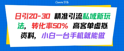 日引 20-30 精准引流私域新玩法，转化率50% 高客单虚拟资料，小白一台手机就能做创客联盟总站-闲云创业网-老谢轻创网-中创网-福缘网-冒泡网-资源之家-魔方项目库创客联盟总站