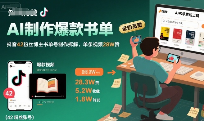 AI制作爆款书单，抖音42粉丝博主书单号制作拆解，单条视频28W赞创客联盟总站-闲云创业网-老谢轻创网-中创网-福缘网-冒泡网-资源之家-魔方项目库创客联盟总站
