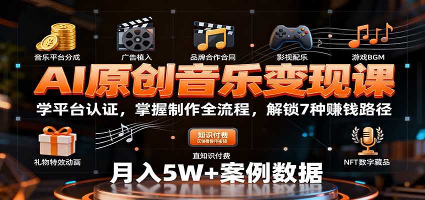 AI原创音乐变现课:学平台认证,掌握制作全流程,解锁7种赚钱路径创客联盟总站-闲云创业网-老谢轻创网-中创网-福缘网-冒泡网-资源之家-魔方项目库创客联盟总站