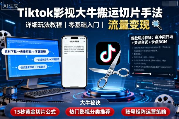 Tiktok影视大牛搬运切片手法，详细玩法教程创客联盟总站-闲云创业网-老谢轻创网-中创网-福缘网-冒泡网-资源之家-魔方项目库创客联盟总站