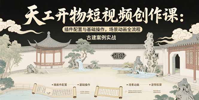 天工开物短视频创作课：插件配置与基础操作，场景动画全流程 古建案例实战创客联盟总站-闲云创业网-老谢轻创网-中创网-福缘网-冒泡网-资源之家-魔方项目库创客联盟总站