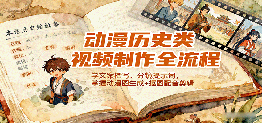 动漫历史类视频制作全流程，学文案撰写、分镜提示词，掌握动漫图生成+抠图配音剪辑创客联盟总站-闲云创业网-老谢轻创网-中创网-福缘网-冒泡网-资源之家-魔方项目库创客联盟总站