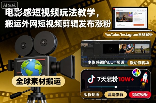 电影感短视频玩法教学，搬运外网短视频剪辑发布涨粉创客联盟总站-闲云创业网-老谢轻创网-中创网-福缘网-冒泡网-资源之家-魔方项目库创客联盟总站