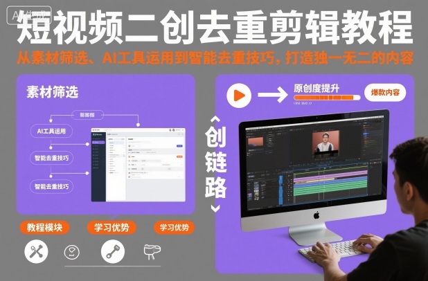 短视频二创去重剪辑教程,从素材筛选、AI工具运用到智能去重技巧,打造独一无二的内容创客联盟总站-闲云创业网-老谢轻创网-中创网-福缘网-冒泡网-资源之家-魔方项目库创客联盟总站