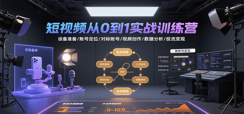 短视频从0到1实战训练营：设备准备/账号定位/对标账号/视频创作/数据分析/投流变现创客联盟总站-闲云创业网-老谢轻创网-中创网-福缘网-冒泡网-资源之家-魔方项目库创客联盟总站