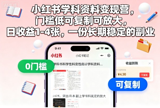 小红书学科资料变现营,门槛低可复制可放大,日收益1-4张,一份长期稳定的副业创客联盟总站-闲云创业网-老谢轻创网-中创网-福缘网-冒泡网-资源之家-魔方项目库创客联盟总站