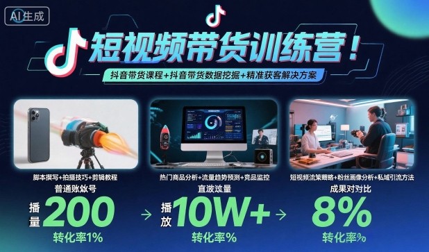 短视频带货训练营，抖音带货课程+抖音带货数据挖掘+精准获客解决方案创客联盟总站-闲云创业网-老谢轻创网-中创网-福缘网-冒泡网-资源之家-魔方项目库创客联盟总站