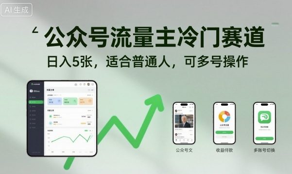 公众号流量主冷门赛道，日入5张，适合普通人，可多号操作创客联盟总站-闲云创业网-老谢轻创网-中创网-福缘网-冒泡网-资源之家-魔方项目库创客联盟总站