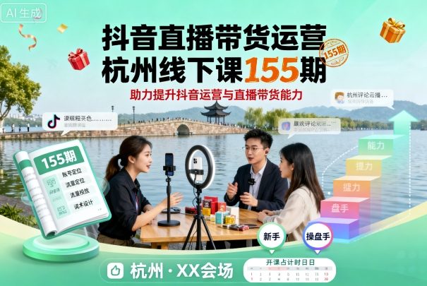 抖音直播带货运营杭州线下课155期，助力提升抖音运营与直播带货能力创客联盟总站-闲云创业网-老谢轻创网-中创网-福缘网-冒泡网-资源之家-魔方项目库创客联盟总站