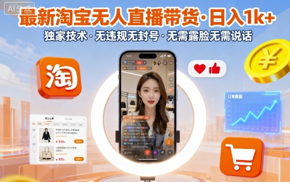 最新淘宝无人直播带货，日入1k+，独家技术，无违规无封号，无需露脸无需说话【揭秘】创客联盟总站-闲云创业网-老谢轻创网-中创网-福缘网-冒泡网-资源之家-魔方项目库创客联盟总站